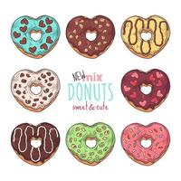 Big vector set of glazed donuts decorated with toppings, chocolate, nuts.