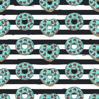 Vector seamless pattern. Glazed donuts decorated with toppings, chocolate, nuts.