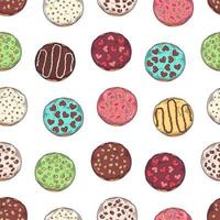 Vector pattern. Glazed donuts decorated with toppings, chocolate, nuts.