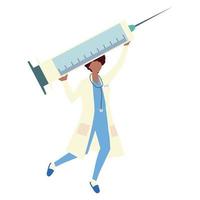 Joven doctora con enorme jeringa vacuna médica vector