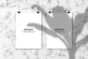 Blank hanging white papers with white marble background and shadow overlay effect vector