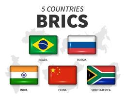 BRICS and membership flag . Association of 5 countries . Round angle rectangle shiny button and country map background of member . Vector .