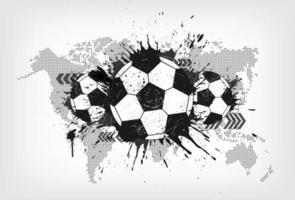 fútbol abstracto grunge con mapa del mundo y partículas de polvo sobre fondo gris degradado. diseño plano . vector para la copa del torneo del campeonato mundial internacional 2018.