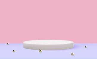 Realistic 3d white pedestal with gold ring over pink background. Trendy empty podium display for cosmetic product presentation, fashion magazine. Copy space vector