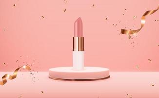 Lápiz labial natural realista 3d en el podio rosa con plantilla de diseño de perlas de productos cosméticos de moda para anuncios, folletos, pancartas o revistas de fondo vector
