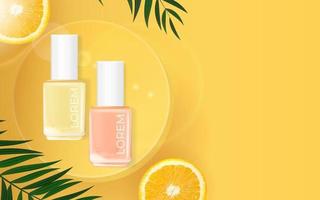 Nail polish summer palm background. cosmetic product template for advertisement, magazine, product sample vector