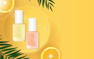 Fondo de palma de verano de esmalte de uñas. Plantilla de producto cosmético para publicidad, revista, muestra de producto. vector