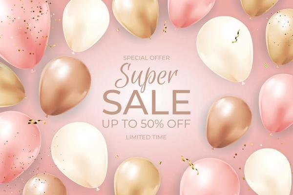 Super Sale Limited Time Background with Balloons, golden frame, ribbon and confetti