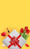 Happy Women s Day Holiday Congratulation Background with Tulips and gift box and hearts vector