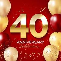 decoración de celebración de aniversario. Número de oro 40 con confeti, globos, brillos y cintas serpentinas sobre fondo rojo. vector