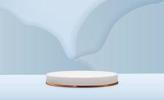Realistic 3d pedestal over blue trendy wave background. Empty podium display for ads cosmetic product presentation vector