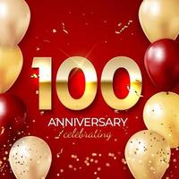 Anniversary celebration decoration. Golden number 100 with confetti, balloons, glitters and streamer ribbons on red background vector