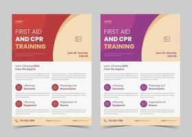 First aid and crp training flyer template. First aid training service promotion poster leaflet template. Crp training flyer poster design vector