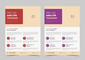 First aid and crp training flyer template. First aid training service promotion poster leaflet template. Crp training flyer poster design vector