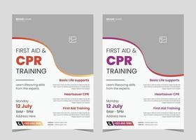 First aid and crp training flyer template. First aid training service promotion poster leaflet template. Crp training flyer poster design vector