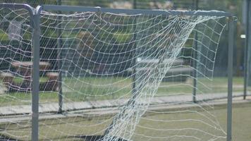 rede de gol de futebol soprando no vento em um campo de jogos de relva.