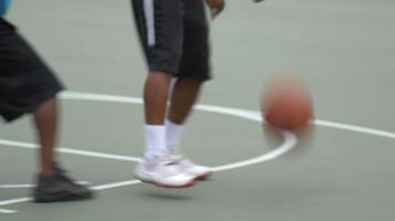 deux jeunes hommes jouant au basket l'un contre l'autre.