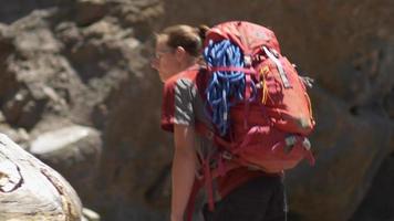 en ung man som vandrar med en ryggsäck på en bergspår. video
