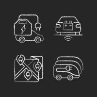 Electric vehicle charging chalk white icons set on black background vector