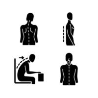 Bad posture problems black glyph icons set on white space vector