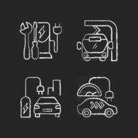 Electric vehicle charging chalk white icons set on black background vector