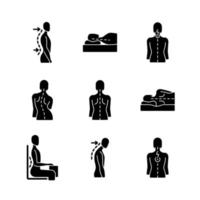 Back and posture problems black glyph icons set on white space vector