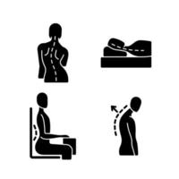 Poor posture problems black glyph icons set on white space vector