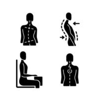 Bad posture problems black glyph icons set on white space vector