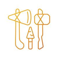 Stone age weapons gradient linear vector icon. Hand axes, scrapers. Hunting, cutting up meat. Spears and arrows. Thin line color symbols. Modern style pictogram. Vector isolated outline drawing