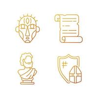 Exploring ancient lives gradient linear vector icons set. Ritual masks. Manuscripts. Sculpted philosopher bust. Thin line contour symbols bundle. Isolated vector outline illustrations collection