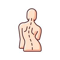 Scoliosis RGB color icon. Sideways curve. Uneven hips and shoulders. Pinched nerves. Back pain and stiffness. Abnormal spine sideways curvature. Damaging major organs. Isolated vector illustration