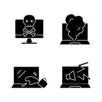 Broken laptop black glyph icons set on white space. Water damage symptoms in hardware. Notebook strange noises. System failure. Computer problems. Silhouette symbols. Vector isolated illustration