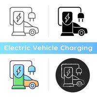 EV charging station icon. Place to charge battery of electromobile. Getting natural energy to ride car. Natural fuel. Linear black and RGB color styles. Isolated vector illustrations