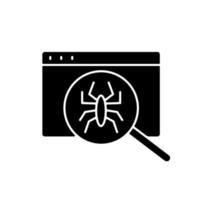 Computer viruses black glyph icon. Search for bugs with antivirus. Diagnostics of website. PC issue. Scan online data. Laptop problems. Silhouette symbol on white space. Vector isolated illustration