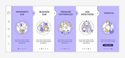 Common ear conditions onboarding vector template. Responsive mobile website with icons. Web page walkthrough 5 step screens. Swimmer ear, pressure differences color concept with linear illustrations