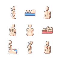 Back and posture problems RGB color icons set. Lumbar lordosis. Incorrect sleeping position. Neck pain. Sideways curve. Spine natural curvature. Sitting up straight. Isolated vector illustrations