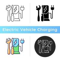 icono de mantenimiento de la estación de carga. fijación del lugar de carga del vehículo electrónico. tratar con combustible eléctrico. proceso de carga. Estilos lineales de color negro y rgb. ilustraciones vectoriales aisladas vector