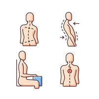 Bad posture problems RGB color icons set. Uneven hips and shoulders. Swayback posture. Sitting at desk correctly. Muscle spasms. Scoliosis. Spine curvature disorder. Isolated vector illustrations