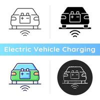 Wireless EV charging icon. Fueling electromobile without cable usage. Modern futuristic charging stations technologies. Linear black and RGB color styles. Isolated vector illustrations