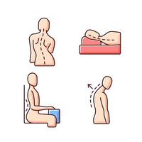 Poor posture problems RGB color icons set. Scoliosis. Sleeping with head elevated. Unnatural position. Sideways curve. Nerve compression. Increased muscles stress. Isolated vector illustrations