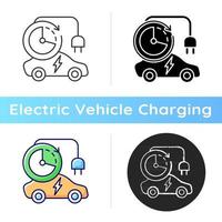 Charging time icon. Time spent to fill up battery of electromobile. Charging speed of electricity station. Natural fuel. Linear black and RGB color styles. Isolated vector illustrations