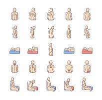 Back and posture problems RGB color icons set. Spinal abnormalities. Maintaining natural alignment. Sitting, sleeping position. Postural change. Roundback, hunchback. Isolated vector illustrations