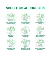 School meal concept icons set. Creating school eating plan full of nutritions and vitamins. Healthy foods preparing idea thin line RGB color illustrations. Vector isolated outline drawings