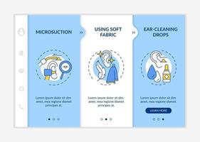 Ear cleanliness methods onboarding vector template. Responsive mobile website with icons. Web page walkthrough 3 step screens. Ear-cleaning drops, irrigation color concept with linear illustrations