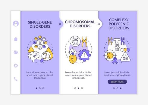 Different genetic disorders onboarding vector template. Responsive mobile website with icons. Web page walkthrough 3 step screens. Hereditary illness color concept with linear illustrations