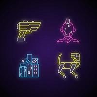 Conjunto de iconos de luz de neón de artículos cyberpunk. pistola laser. microcircuito de cara. ciudad cyberpunk. robot animal. tecnología futurista. letreros con efecto exterior brillante. vector aislado rgb ilustraciones en color