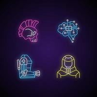 Cyberpunk augmentations neon light icons set. Innovative exoskeleton. Brain microcircuit. Skull with mohawk. Future technology. Signs with outer glowing effect. Vector isolated RGB color illustrations