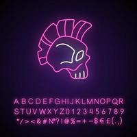 Skull with mohawk hairstyle neon light icon. Hard rock, death metal music emblem. Bone head. Outer glowing effect. Sign with alphabet, numbers and symbols. Vector isolated RGB color illustration