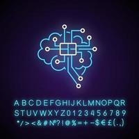Brain microcircuit neon light icon. Innovative technology. Machine learning, AI. Outer glowing effect. Sign with alphabet, numbers and symbols. Vector isolated RGB color illustration