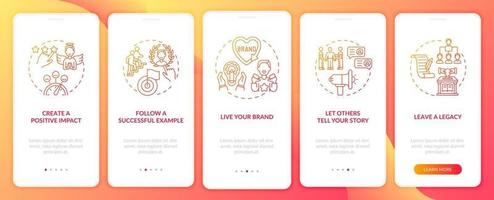 Personal branding tips orange onboarding mobile app page screen with concepts. Credibility growth walkthrough 5 steps graphic instructions. UI, UX, GUI vector template with linear color illustrations